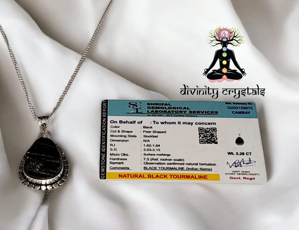 Black Tourmaline Healing Pendant - Certified Natural AAA Grade Crystal with Silver Polish Metal Chain