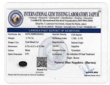 Blue Sapphire Pure Gemstone 2.74 Carats Burma Origin Non-Heated Non-Treated Royal Blue Sapphire (Neelam) - IGTL Certified, Natural Gemstone for Ring, Stunning Deep Blue Color