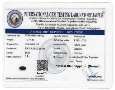 Blue Sapphire Pure Gemstone 1.21 Carats Burma Origin Non-Heated Non-Treated Royal Blue Sapphire (Neelam) - IGTL Certified, Natural Gemstone for Ring, Stunning Deep Blue Color