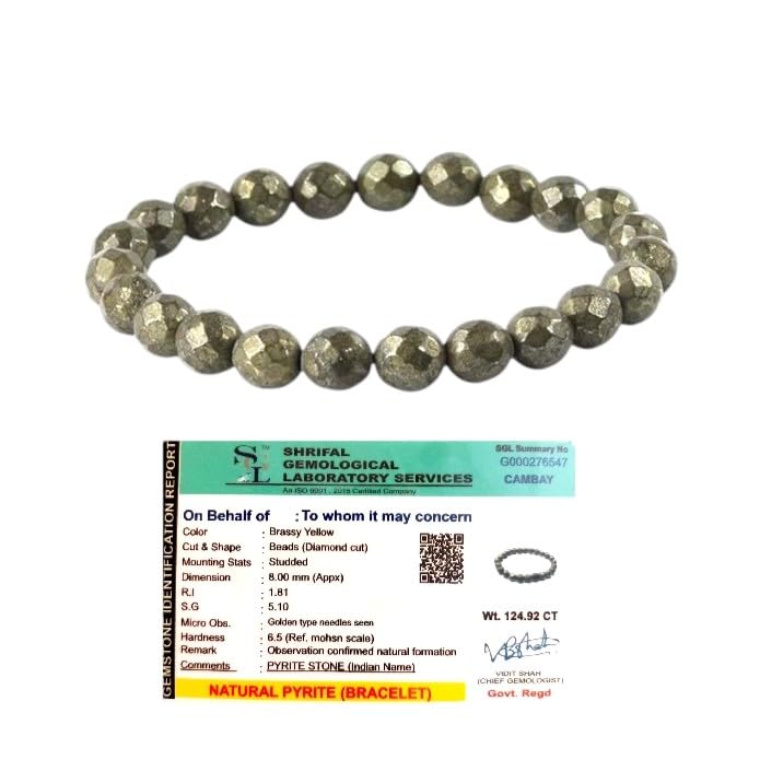 Golden Pyrite Natural Pyrite Bracelet Original Certified Stretchable Unisex Real Pyrite 8mm Diamond-cut Faceted Bracelet For Prosperity, Solar Plexus Chakra & Abundance - IGL Jewels