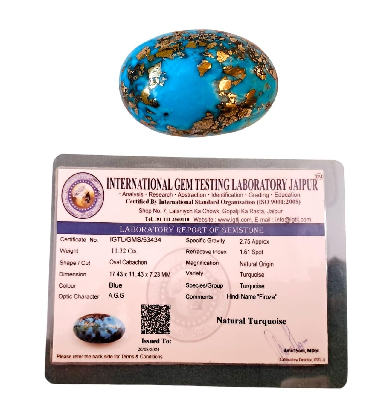 Real Original Firoza Turquoise Gemstone for Men and Women – Oval Shaped for Ring and Pendant Premium Turquoise Jewellery - The Stone of Compassion and Success 11.32 Carat - IGL Jewels