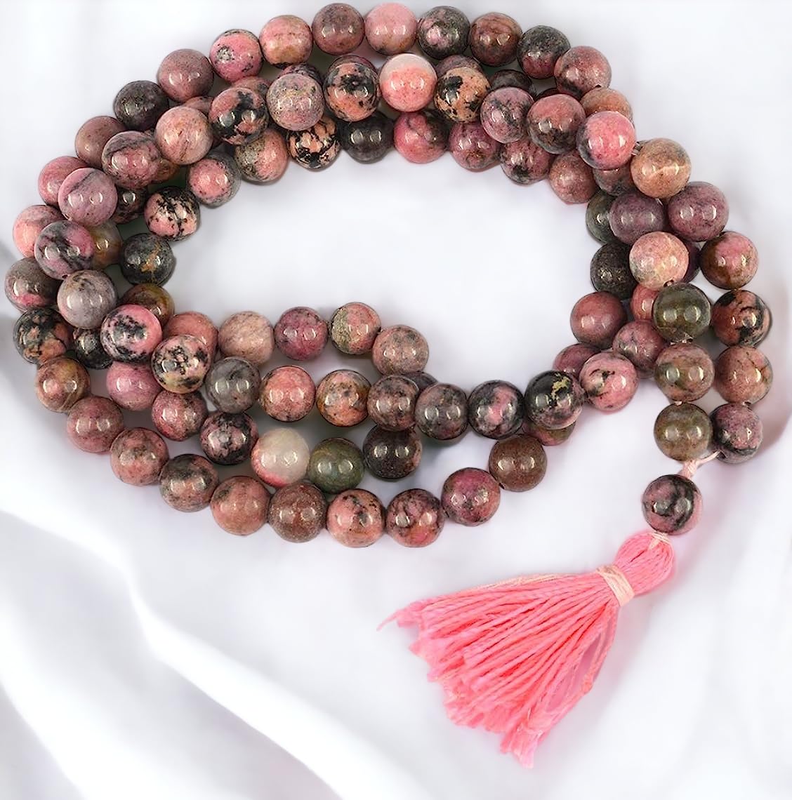 Divinity Crystals Pink Rhodonite Mala Beads - Certified Jaap Mala Collection for Men and Women, Natural Pure 8 mm Beads for Yoga, Reiki, Meditation, Feng Shui
