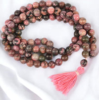 Divinity Crystals Pink Rhodonite Mala Beads - Certified Jaap Mala Collection for Men and Women, Natural Pure 8 mm Beads for Yoga, Reiki, Meditation, Feng Shui