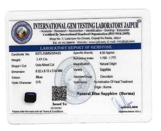 Blue Sapphire Pure Gemstone 3.45 Carats Burma Origin Non-Heated Non-Treated Royal Blue Sapphire (Neelam) - IGTL Certified, Natural Gemstone for Ring, Stunning Deep Blue Color