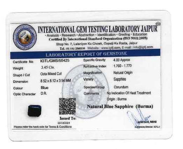 Blue Sapphire Pure Gemstone 3.45 Carats Burma Origin Non-Heated Non-Treated Royal Blue Sapphire (Neelam) - IGTL Certified, Natural Gemstone for Ring, Stunning Deep Blue Color