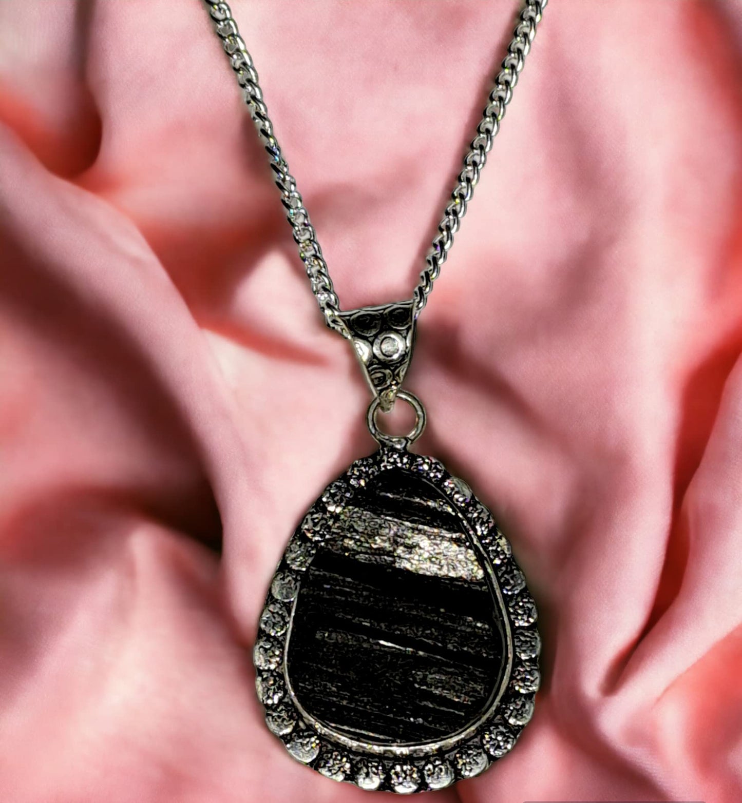 Black Tourmaline Healing Pendant - Certified Natural AAA Grade Crystal with Silver Polish Metal Chain