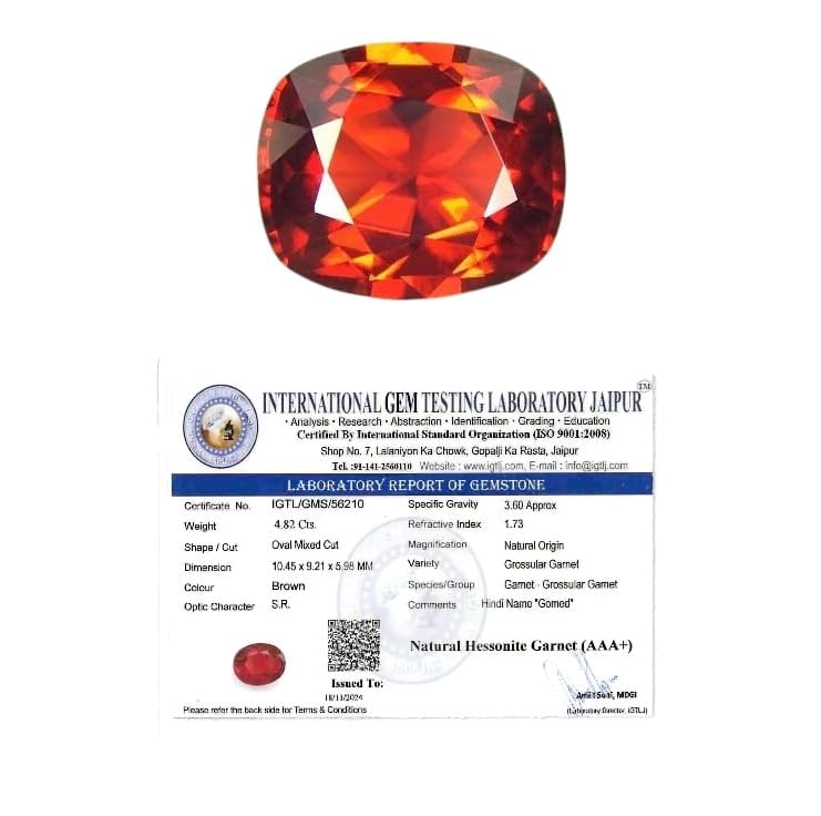 IGL Gomed Stone Original Certified - Srilankan Hessonite Garnet (Gomed) Gemstone to help with the negative effects of the planet Rahu, for Peace and Protection - (4.5 to 5 Carats) - IGL Jewels
