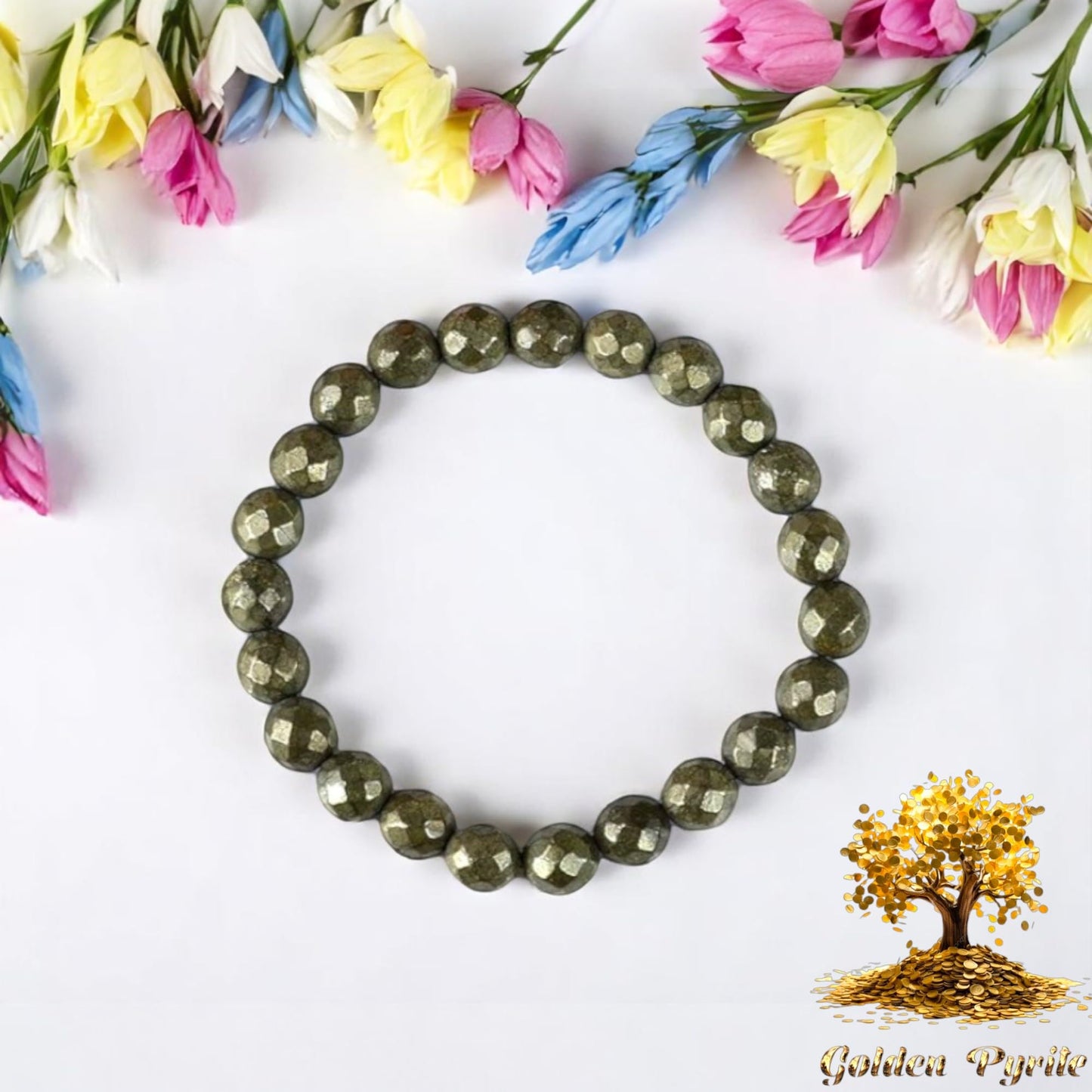 Golden Pyrite Natural Pyrite Bracelet Original Certified Stretchable Unisex Real Pyrite 8mm Diamond-cut Faceted Bracelet For Prosperity, Solar Plexus Chakra & Abundance - IGL Jewels