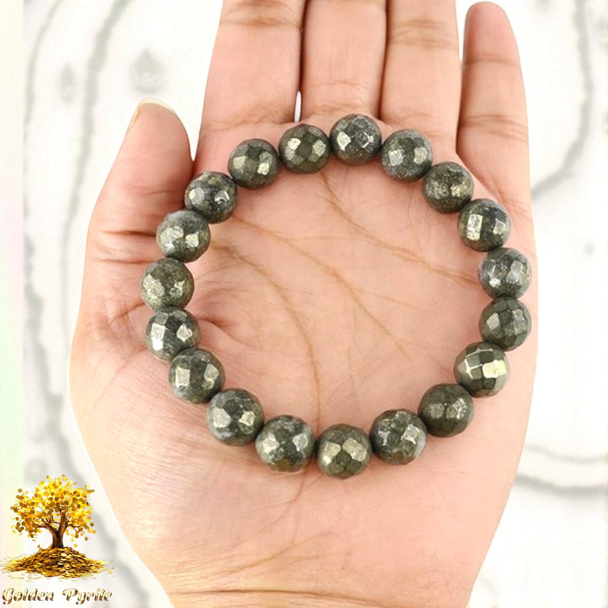 Natural Pyrite Bracelet Lab Certified Real Pyrite 10mm Diamond-cut Faceted Unisex Stretchable Bracelet For Wealth, Prosperity & Good Luck - IGL Jewels