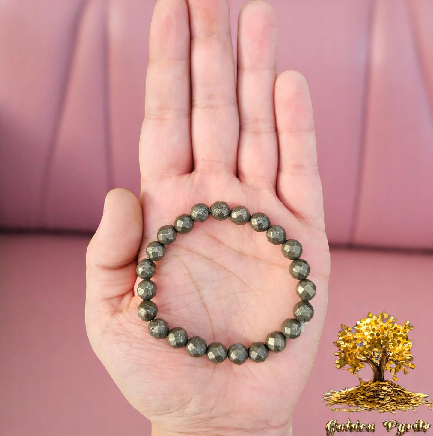 Golden Pyrite Natural Pyrite Bracelet Original Certified Stretchable Unisex Real Pyrite 8mm Diamond-cut Faceted Bracelet For Prosperity, Solar Plexus Chakra & Abundance - IGL Jewels