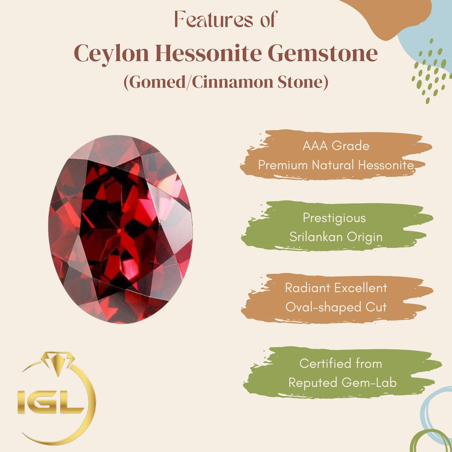 IGL Natural Ceylon Srilankan Hessonite Gemstone Premium Original Certified Gomed/Gomedhak Gem approx 5 carat For Rahu, Protection, Peace, & Ring Jewelry For Men & Women - IGL Jewels