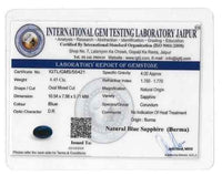 Blue Sapphire Pure Gemstone 4.45 Carats Burma Origin Non-Heated Non-Treated Royal Blue Sapphire (Neelam) - IGTL Certified, Natural Gemstone for Ring, Stunning Deep Blue Color