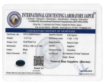 Blue Sapphire Pure Gemstone 4.45 Carats Burma Origin Non-Heated Non-Treated Royal Blue Sapphire (Neelam) - IGTL Certified, Natural Gemstone for Ring, Stunning Deep Blue Color