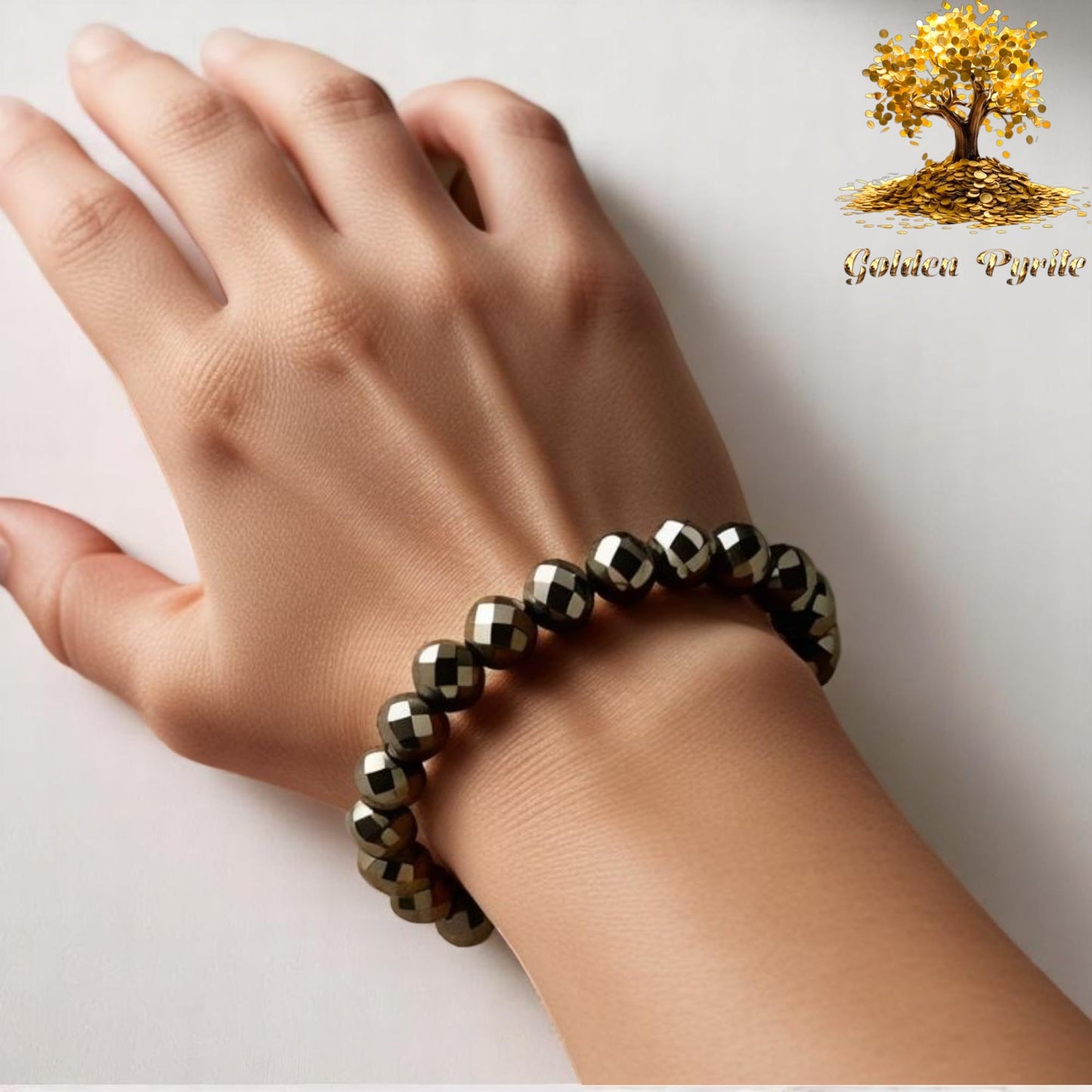 Golden Pyrite Natural Pyrite Bracelet Original Certified Stretchable Unisex Real Pyrite 8mm Diamond-cut Faceted Bracelet For Prosperity, Solar Plexus Chakra & Abundance - IGL Jewels