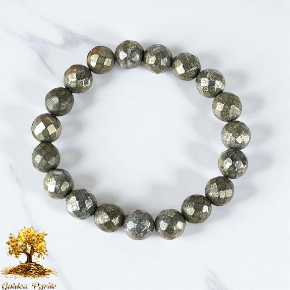Natural Pyrite Bracelet Lab Certified Real Pyrite 10mm Diamond-cut Faceted Unisex Stretchable Bracelet For Wealth, Prosperity & Good Luck - IGL Jewels