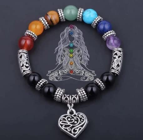 Divinity Crystals 10MM 7 Chakra Healing Bracelet for Yoga Reiki Meditation Unisex Heart Jewelry