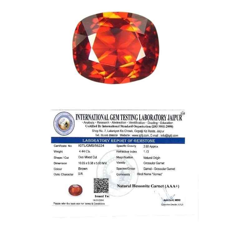 IGL Natural Ceylon Srilankan Hessonite Gemstone Premium Original Certified Gomed/Gomedhak Gem For Rahu, Protection, Peace, & Ring Jewelry For Men & Women (4 to 4.5 Carats)