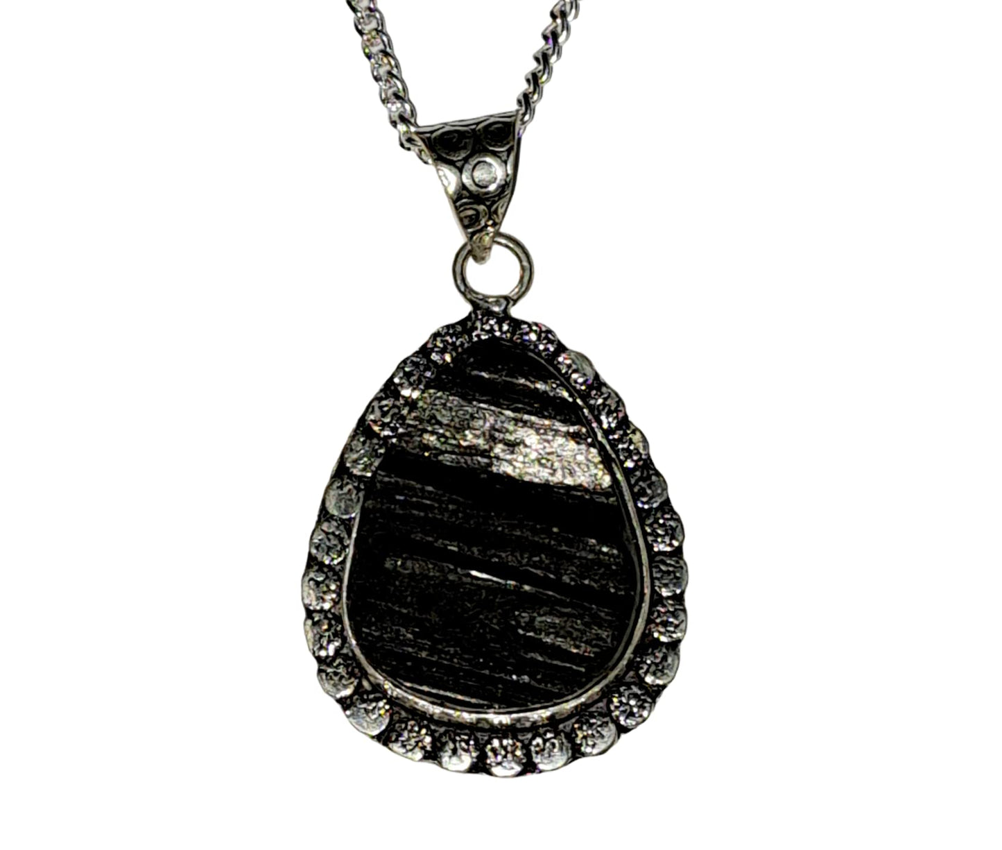 Black Tourmaline Healing Pendant - Certified Natural AAA Grade Crystal with Silver Polish Metal Chain