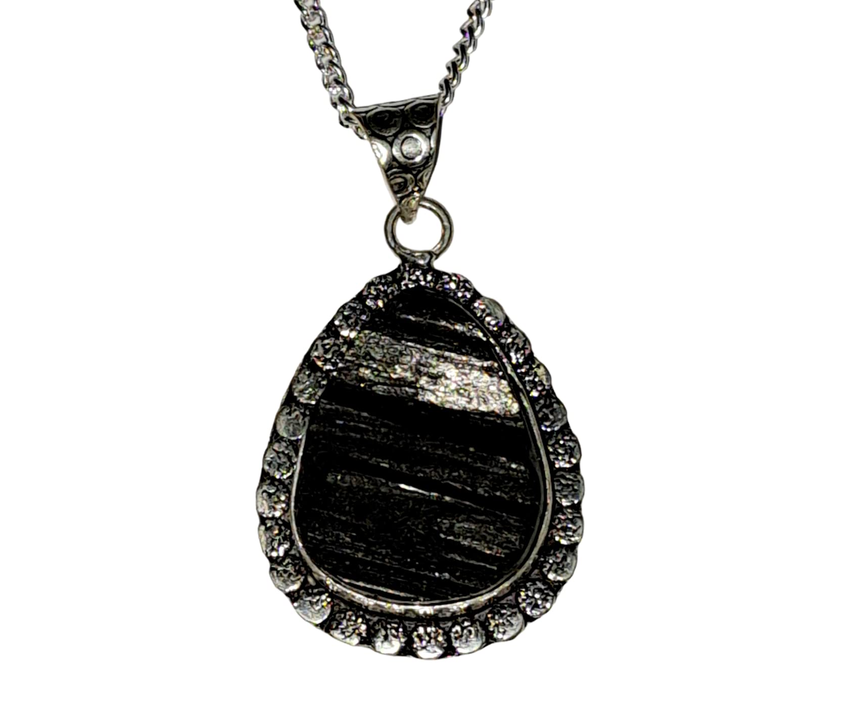 Black Tourmaline Healing Pendant - Certified Natural AAA Grade Crystal with Silver Polish Metal Chain