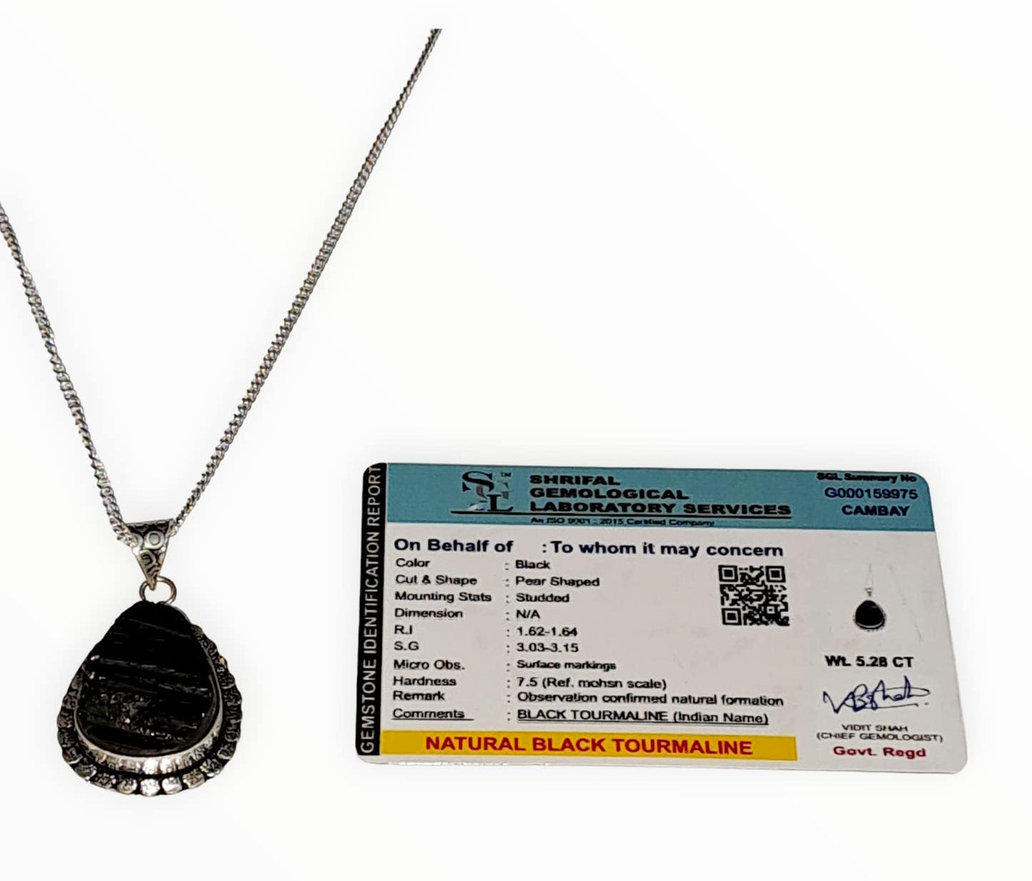 Black Tourmaline Healing Pendant - Certified Natural AAA Grade Crystal with Silver Polish Metal Chain Default Title