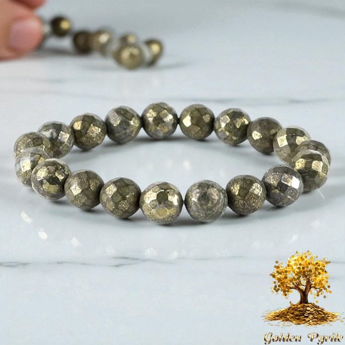 Natural Pyrite Bracelet Lab Certified Real Pyrite 10mm Diamond-cut Faceted Unisex Stretchable Bracelet For Wealth, Prosperity & Good Luck - IGL Jewels