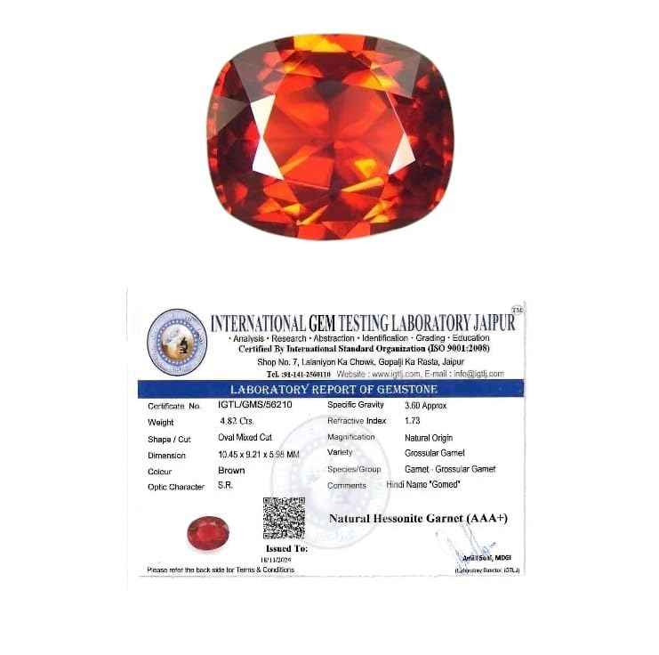 IGL Natural Ceylon Srilankan Hessonite Gemstone Premium Original Certified Gomed/Gomedhak Gem For Rahu, Protection, Peace, & Ring Jewelry For Men & Women (4.5 to 5 Carats)