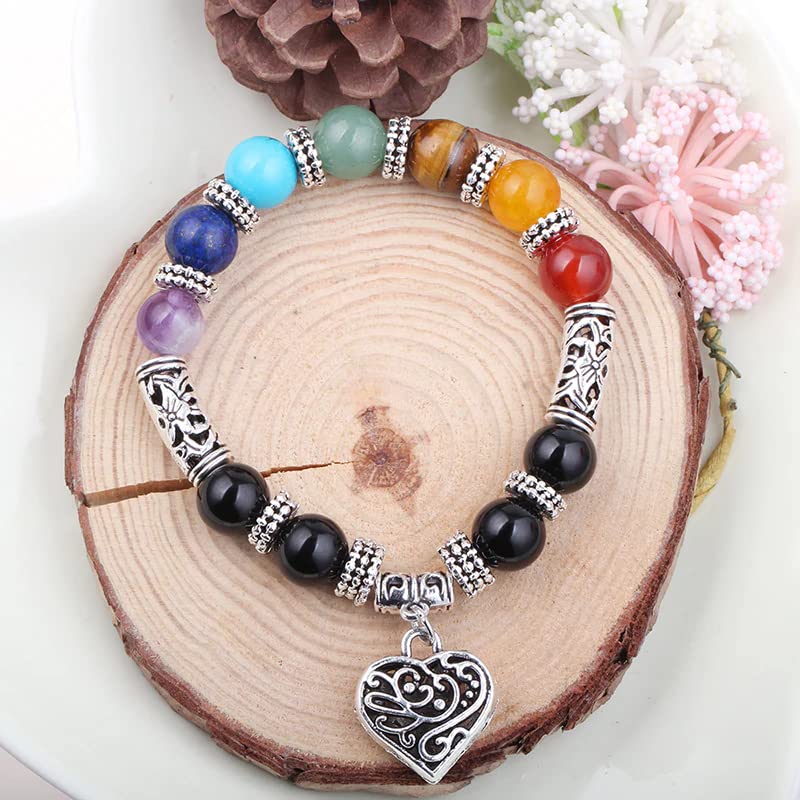 Divinity Crystals 10MM 7 Chakra Healing Bracelet for Yoga Reiki Meditation Unisex Heart Jewelry