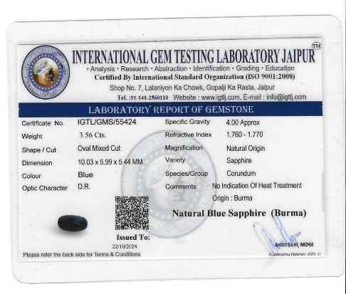 Blue Sapphire Pure Gemstone 3.56 Carats Burma Origin Non-Heated Non-Treated Royal Blue Sapphire (Neelam) - IGTL Certified, Natural Gemstone for Ring, Stunning Deep Blue Color
