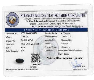 Blue Sapphire Pure Gemstone 3.56 Carats Burma Origin Non-Heated Non-Treated Royal Blue Sapphire (Neelam) - IGTL Certified, Natural Gemstone for Ring, Stunning Deep Blue Color