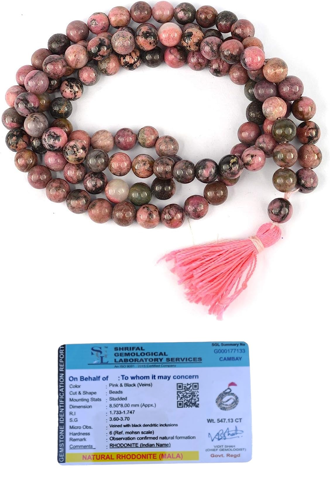 Divinity Crystals Pink Rhodonite Mala Beads - Certified Jaap Mala Collection for Men and Women, Natural Pure 8 mm Beads for Yoga, Reiki, Meditation, Feng Shui Default Title