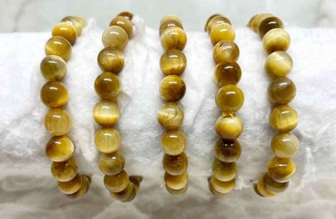 Divinity Crystals Cat's Eye Yellow Bracelet - Unisex 8mm Round Beads, Stretchable, 2.5 Inch Diameter