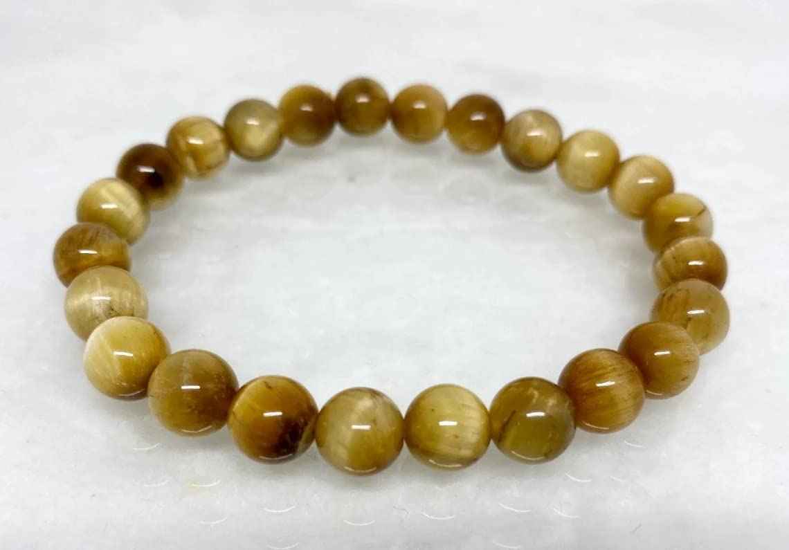 Divinity Crystals Cat's Eye Yellow Bracelet - Unisex 8mm Round Beads, Stretchable, 2.5 Inch Diameter