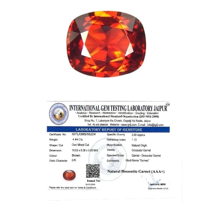IGL Gomed Stone Original Certified - Srilankan Hessonite Garnet (Gomed) Gemstone to help with the negative effects of the planet Rahu, for Peace and Protection - (4 to 4.5 Carats) - IGL Jewels