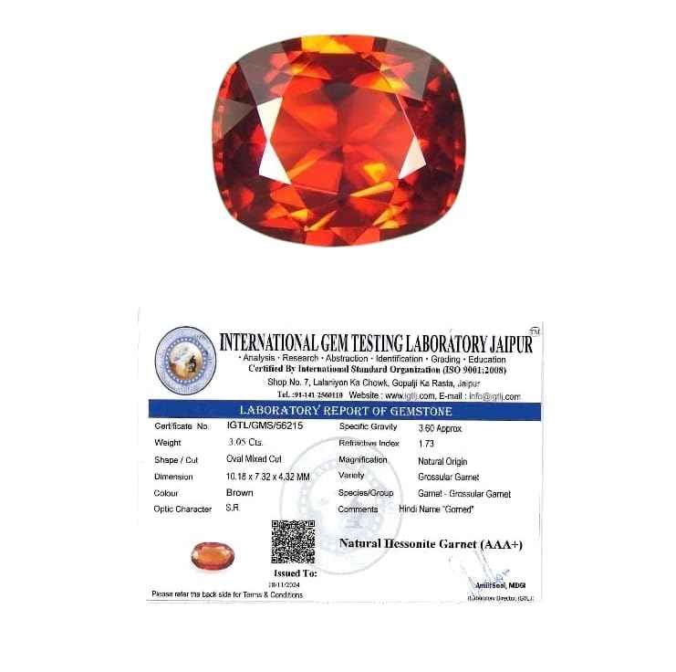 IGL Natural Ceylon Srilankan Hessonite Gemstone Premium Original Certified Gomed/Gomedhak Gem For Rahu, Protection, Peace, & Ring Jewelry For Men & Women (3 to 3.5 Carats)
