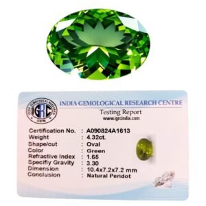 Natural Peridot Gemstone Original Certified exclusive cut Peridot/Olivine/Chrysolite 4.32 Carat Gemstone for Ring Jewellery for Men and Women