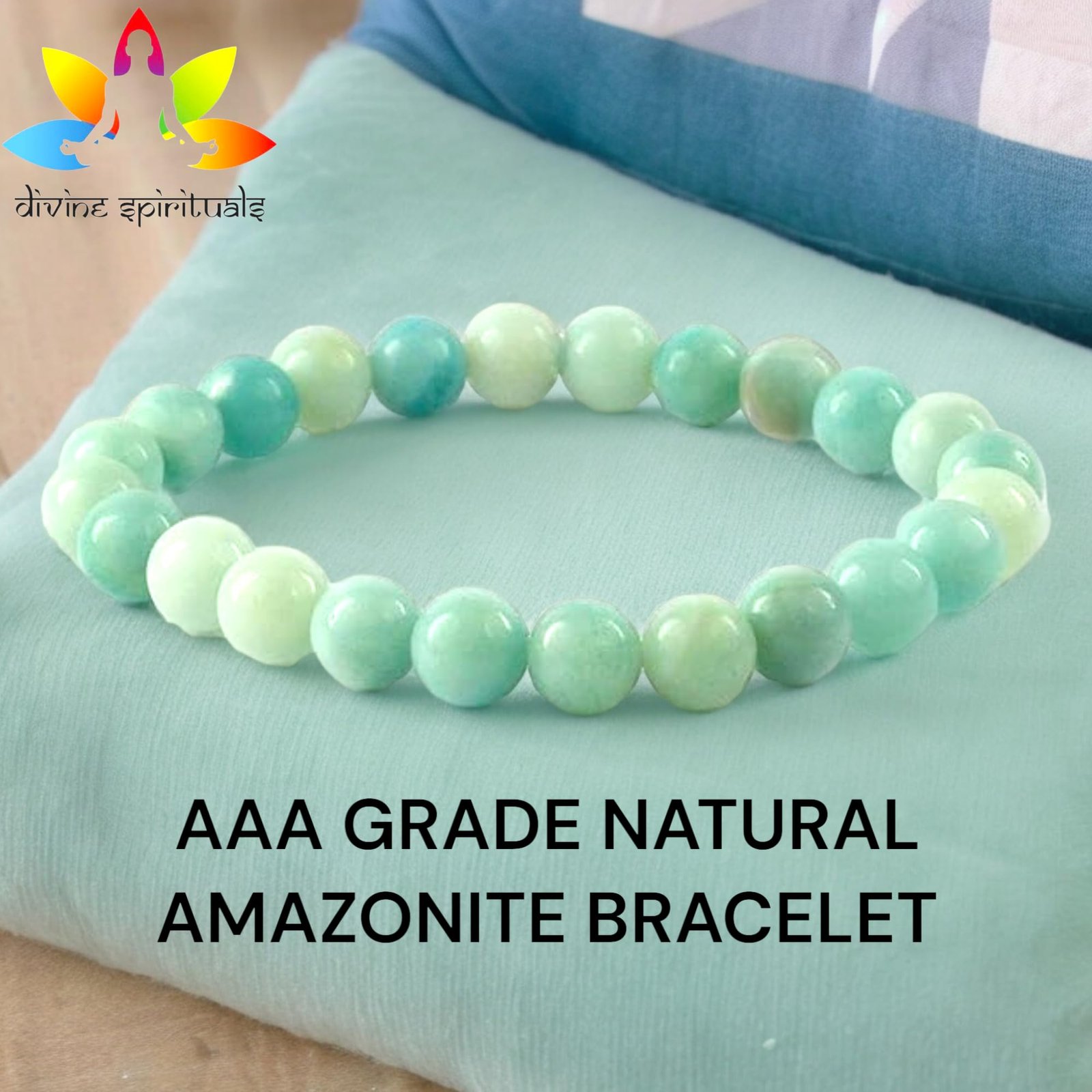 Divine Spirituals Natural Amazonite Bracelet Lab Certified AAA Grade 8mm Stretchable Original Real Crystal Bracelet For Throat Chakra, Calming Energy, Creativity & Meditation For Men & Women